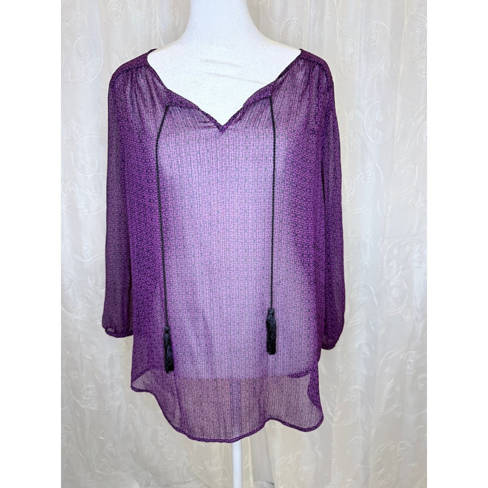St Johns Bay Womens Purple Geometric Sheer Tassel Tie Peasant Blouse Medium